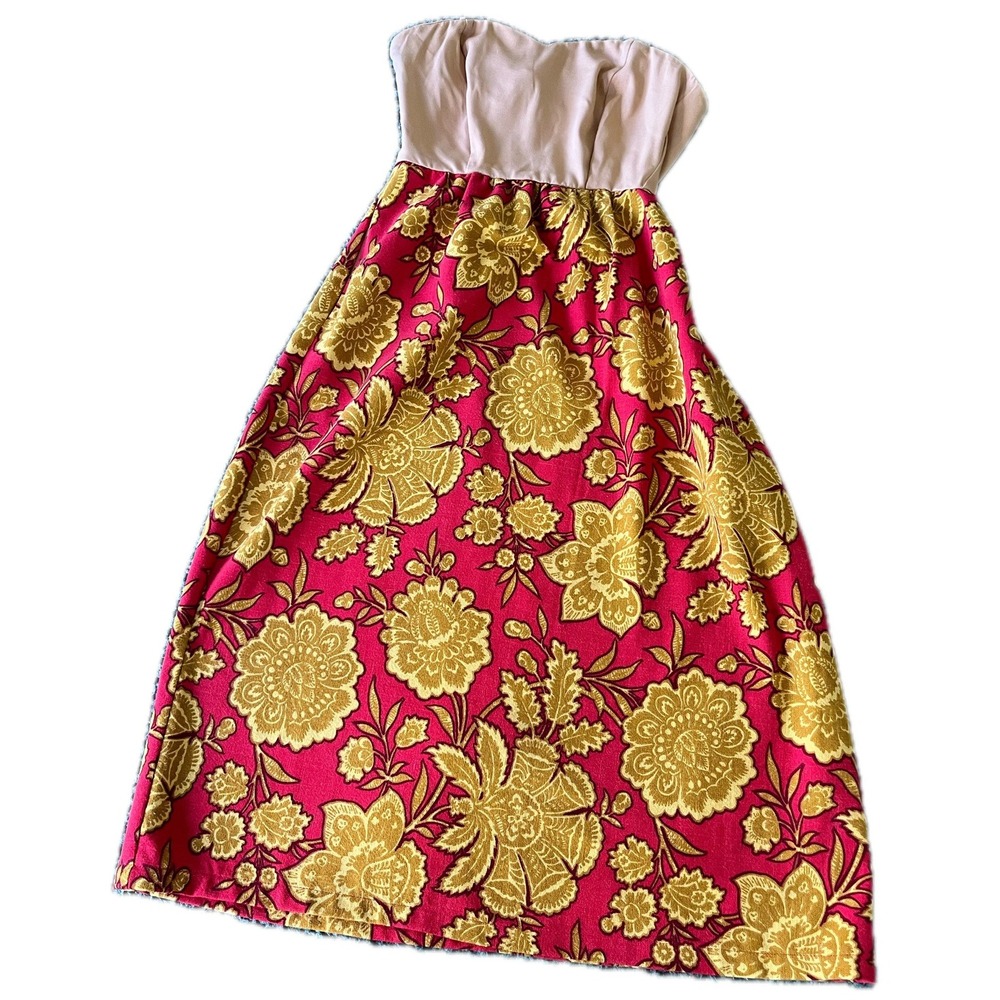 Upcycled Strapless Midi Dress Gold Floral Brocade Sweetheart Tan Bodice Size M